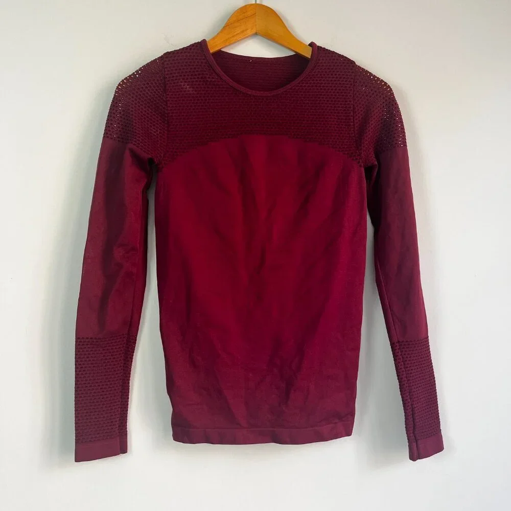 2/$30 Fabletics Burgundy Mesh Long Sleeve Top Medium
